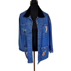 Vtg Womens Denim Jacket Embroidered Birds Button Front Coat Corduroy Work Wear L